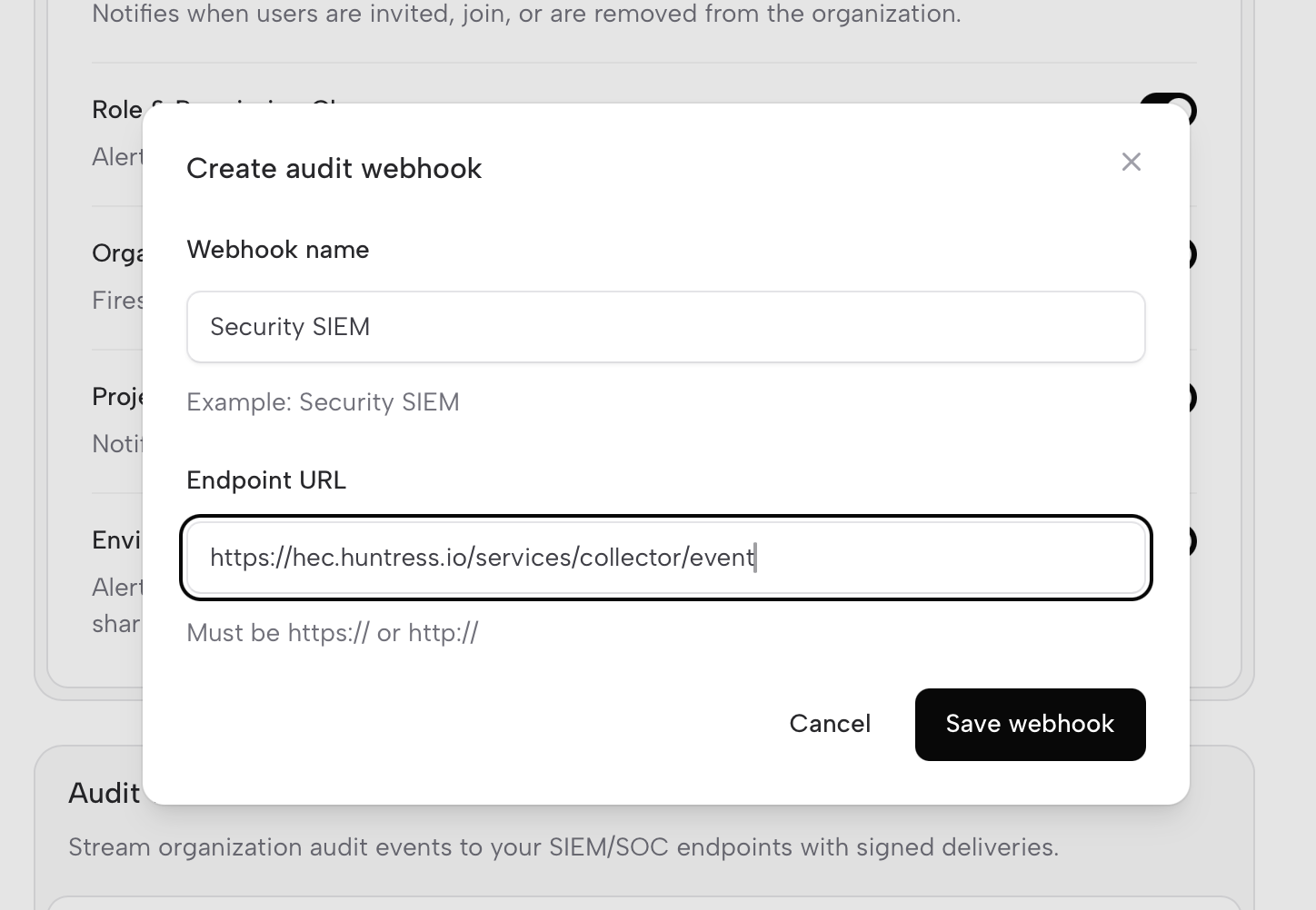 webhook audit user interface