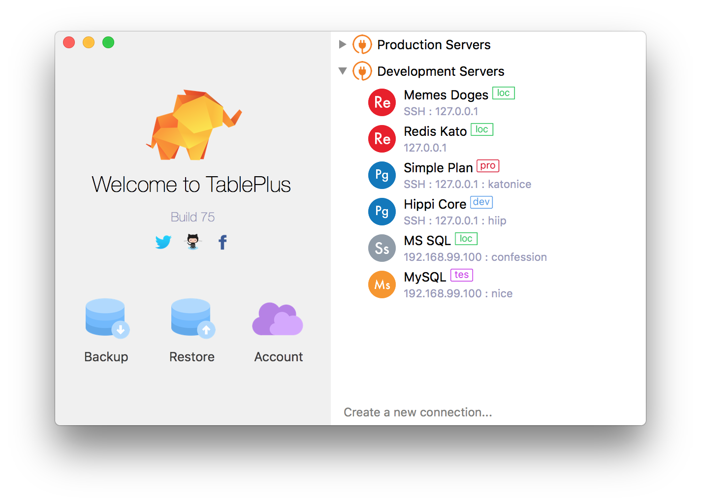 Screenshot of TablePlus connections window